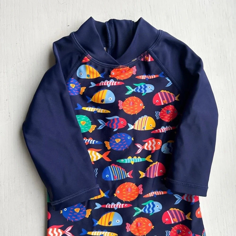 Multi colored one piece fish swim suit 6-12‎ m EUC